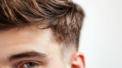 A close-up of a young man's hair, with a focus on the hair's texture and style.