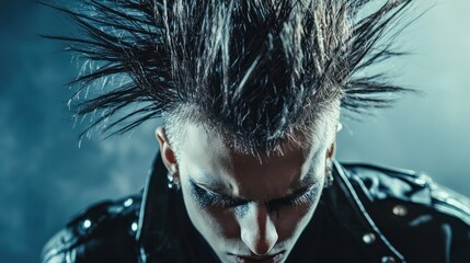 A person with a unique hairstyle, wearing a leather jacket, standing in front of a dark background with a dramatic lighting effect.