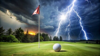Obraz premium A golf ball rests on the green, a dramatic sunset and lightning storm creating a breathtaking backdrop