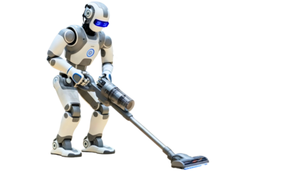 Modern robot assistant performing cleaning duties with a vacuum cleaner, symbolizing automation and household help