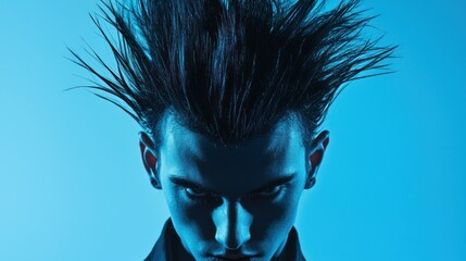 A man with spiky hair, wearing a black shirt, standing against a blue background with a gradient effect.