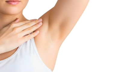 Close-up of a woman's smooth and pristine underarm area, highlighting personal care and hygiene. Her hand gently touches her shoulder, symbolizing freshness, beauty, and confidence in her healthy skin