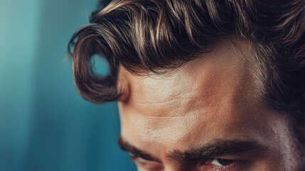 Close-up of a man's face with curly hair, wearing a dark shirt, against a blue background.