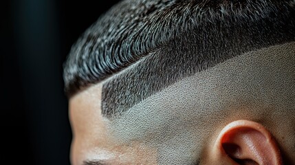 A close-up of a man's hair with a high fade and a shaved side, set against a dark background.