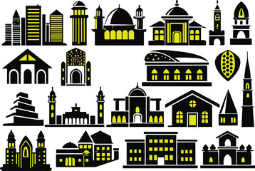 Obraz premium Architectural icons set, mosque, skyscraper, traditional house, cultural buildings, historical landmarks, black and yellow vector illustration for design, decor, education