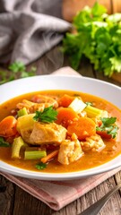 Hearty chicken stew with vegetables in white bowl