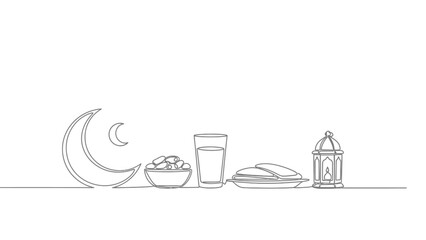 Fototapeta premium Ramadan Iftar Symbols: Crescent Moon, Dates, Water, and Lantern - Line Art