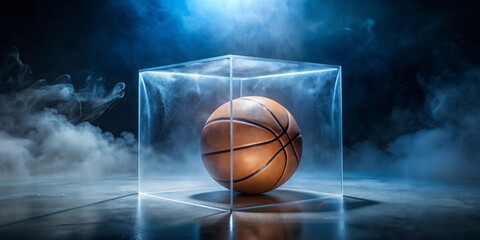 Fototapeta premium A Single Basketball Rests Inside a Clear Acrylic Cube, Enveloped in a Mystical Blue Haze on a Dark Reflective Surface