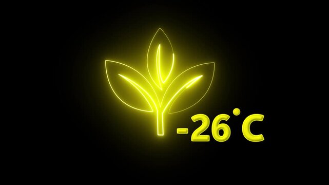 Protection of the environment Weather forecast related.Glowing neon digital temperature display showing minus 26&deg;C onblack background, futuristic LED-style number,Researches minus 26degrees centigrade