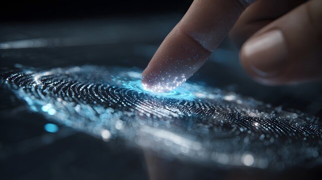 A human finger gently touches a glowing, futuristic fingerprint scanner interface, activating a digital system with swirls of bright blue light against a dark, blurred background. - Powered by Adobe