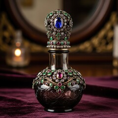 Ornate perfume bottle adorned with precious gemstones on velvet backdrop invoking luxury