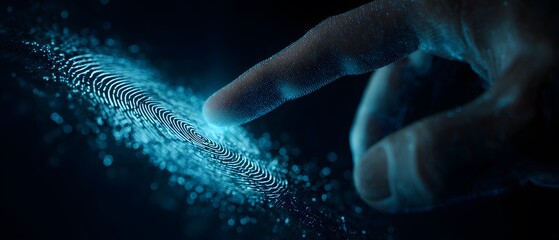 Detailed  shot captures a glowing fingertip touching a digital fingerprint display, highlighting biometric authentication with a futuristic and technological aesthetic against a dark backdrop,...