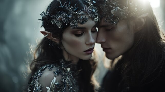  Fantasy fashion shoot with an elven couple wearing avant-garde couture