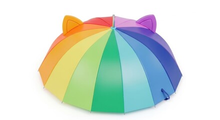 Rainbow hued cartoon umbrella adorably crowned with playful feline ear-shaped accents isolated