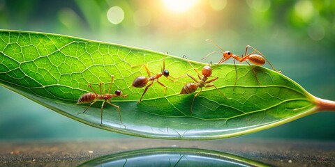 Tiny orange insects traverse a vibrant green leaf with a sunlight glow illuminating the scene