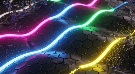 Abstract illustration of neon light paths over a geometric hexagonal pattern