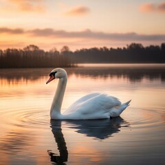 Majestic swan glides on serene lake reflecting the golden hues of the sunrise light