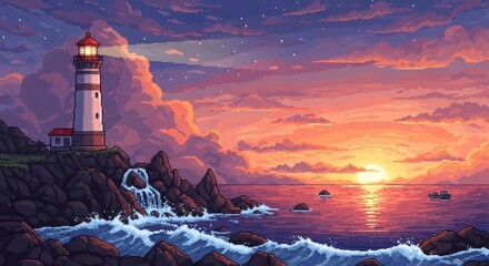 Pixelated lighthouse beacon illuminates a serene seascape at sunset artwork