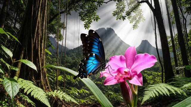 Capturing a Lush Forest Scene with Butterflies and Blooming Orchid