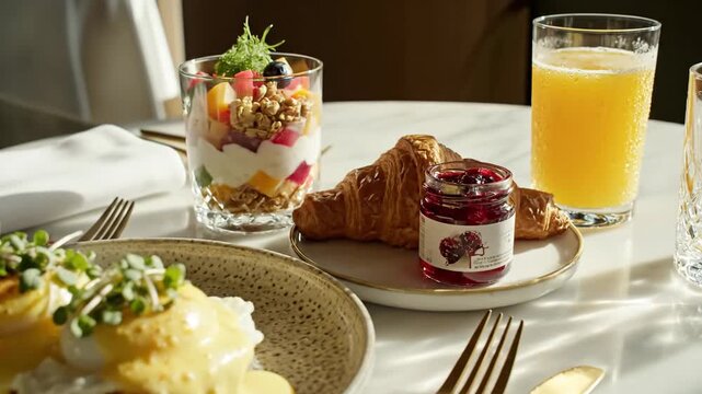 Breakfast spread with eggs benedict croissant fruit parfait and juice