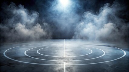 Fototapeta premium Mysterious Arena Dark Concrete Floor with Circular Markings and Atmospheric Fog