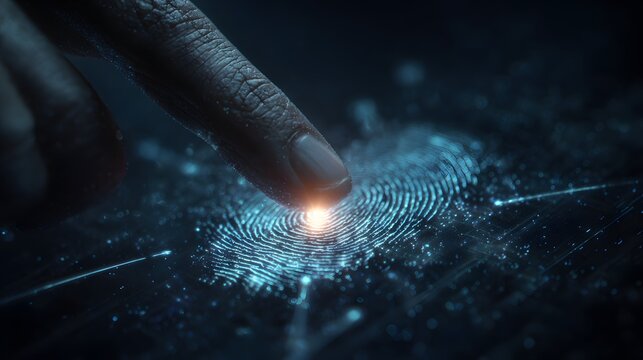 Digital fingerprint identification is showcased through a fingertip touching a glowing, patterned surface, representing secure data access and advanced technology, against a blurred background. - Powered by Adobe