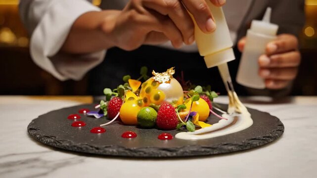 Chef plating gourmet dish with colorful fruit and microgreens