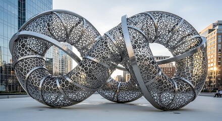 Abstract infinity sculpture outdoors against city buildings and clear sky