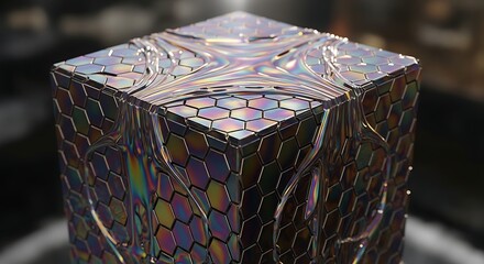 Abstract iridescent cube with hexagonal pattern and reflective surface