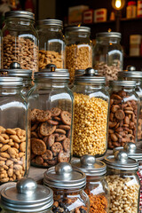 Assorted snacks and nuts in glass jars on a table