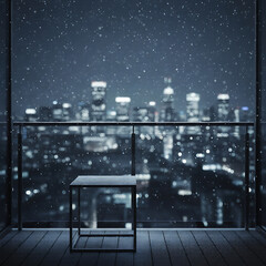 Snowy cityscape at night with starry sky and balcony