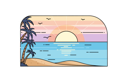 Serene sunset over a calm beach with palm trees and vibrant sky hues