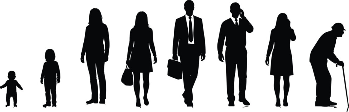 Human life stages development evolution progression sequence from toddler childhood woman man to elderly senior with walking stick silhouette vector
