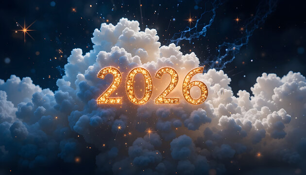 Glowing numbers amidst dark clouds and stars new year celebration - Powered by Adobe