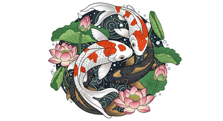 Elegant illustration of koi fish swimming among lotus flowers in water with intricate swirling