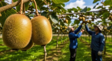 Lush kiwi harvest under a sunny sky featuring close-up of vibrant green fruits