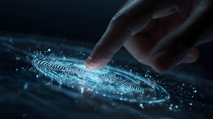 Detailed closeup shows a human fingertip delicately touching a screen surface, generating a glowing, digital fingerprint in shades of blue.