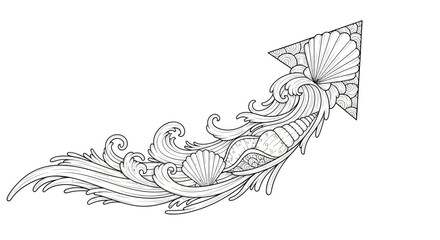 Intricate Black and White Line Drawing of a Nautical Fish and Wave Design for Artistic Projects