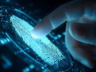 Illuminated fingerprint identification process shows the scanning of a human digit, with the fingertip making contact with the glowing fingerprint sensor, highlighting concepts of security and...