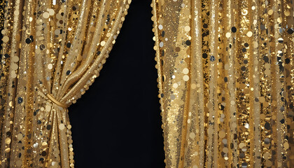 Gold sequin curtain with a black background fabric textile
