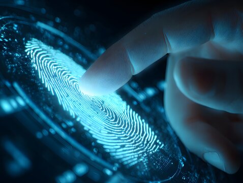 Illuminated fingerprint identification process shows the scanning of a human digit, with the fingertip making contact with the glowing fingerprint sensor, highlighting concepts of security and... - Powered by Adobe