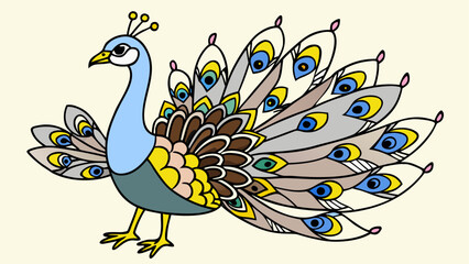 Illustrated peacock displaying its tail