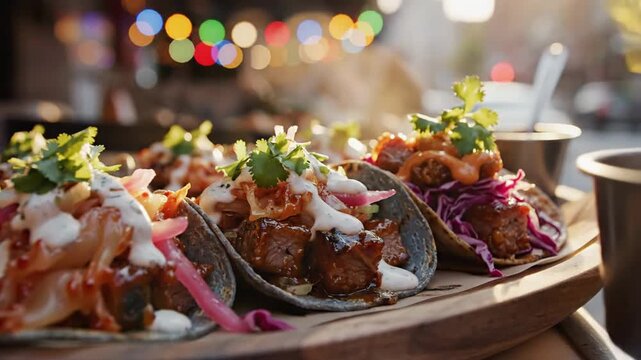 Close up of gourmet tacos with various fillings on a wooden serving tray