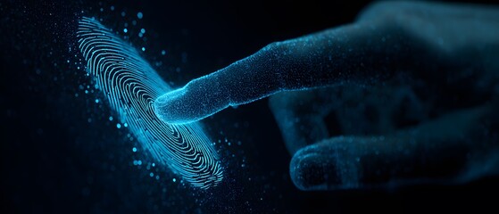Digital fingerprint identification concept depicts a glowing, stylized human hand pressing a digit onto a biometric security scanner, highlighting the unique pattern of a fingerprint illuminated...