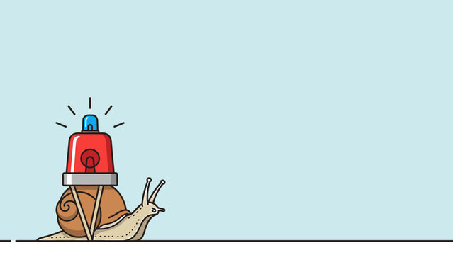 A humorous illustration of a slow-moving snail carrying a bright, urgent flashing red siren