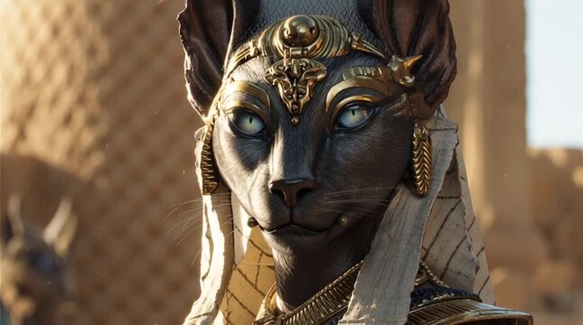 Bastet Egyptian goddess with cat face looking at the camera. Ideal for mythology projects, ancient culture content, fantasy visuals, documentaries, spiritual media, art videos, creative storytelling.