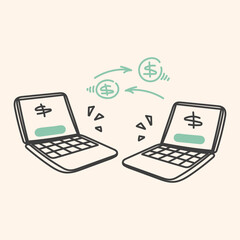 hand drawn doodle transfer money from laptop to another laptop