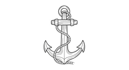 Intricate black and white line drawing of an anchor entwined with a rope