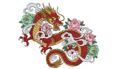 Traditional Chinese Dragon Tattoo Design with Blossoms and Cloud Motifs
