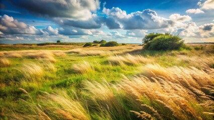 Obraz premium Serene Meadow Under a Sky of Rolling Clouds, Golden Grass Blowing Gently in a Summer Breeze